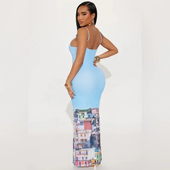 Fashion Nova Amaya Printed Mesh Maxi Dress - Blue/combo size small - Picture 3 of 3